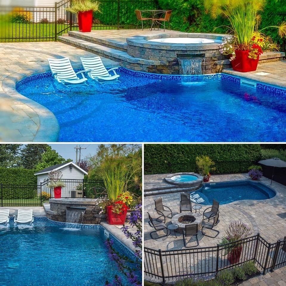 Un collage de trois photos d'une piscine
