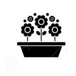 Une silhouette noire et blanche de fleurs dans un pot.