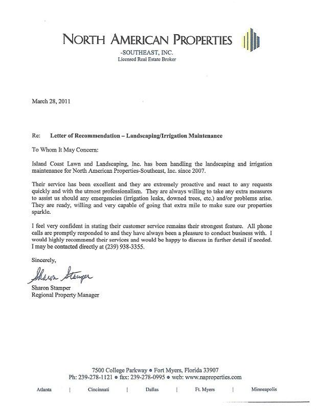 North American Properties Letter of Recommendation — Fort Myers, FL — Island Coast Lawn & Landscaping, Inc.