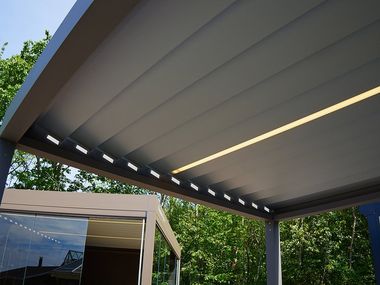 a black metal awning