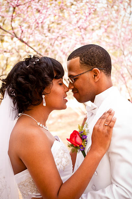 Loving bride and groom