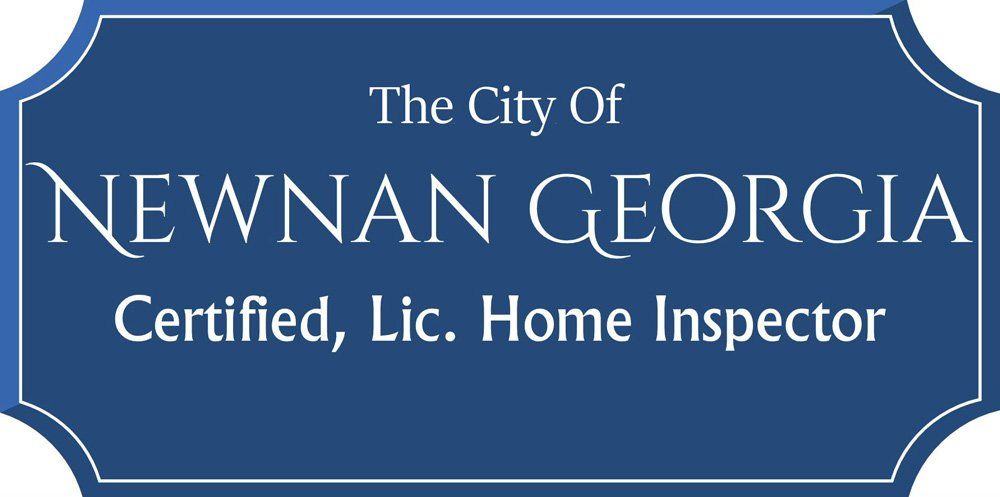 A blue sign that says the city of newnan georgia certified lic home inspector