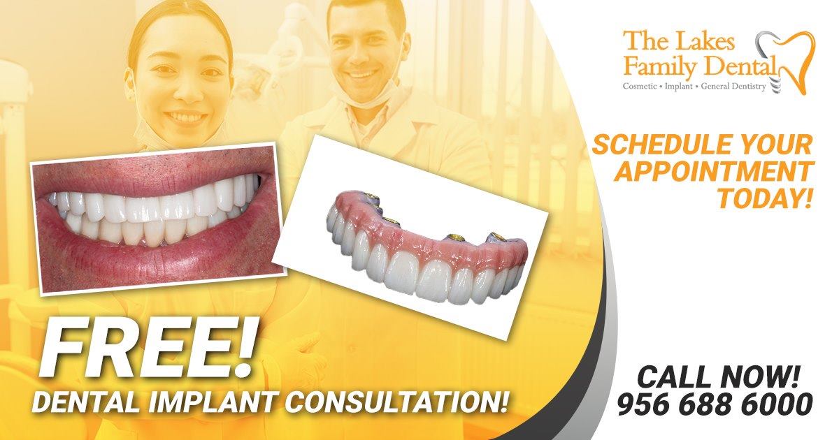 An advertisement for the lakes family dentistry offers a free dental implant consultation
