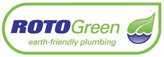 Logo for ROTO Green, earth-friendly plumbing. Blue and green text and a green leaf with water graphic.