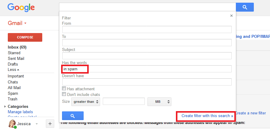 go to Has the word box enter is: spam and then click Next