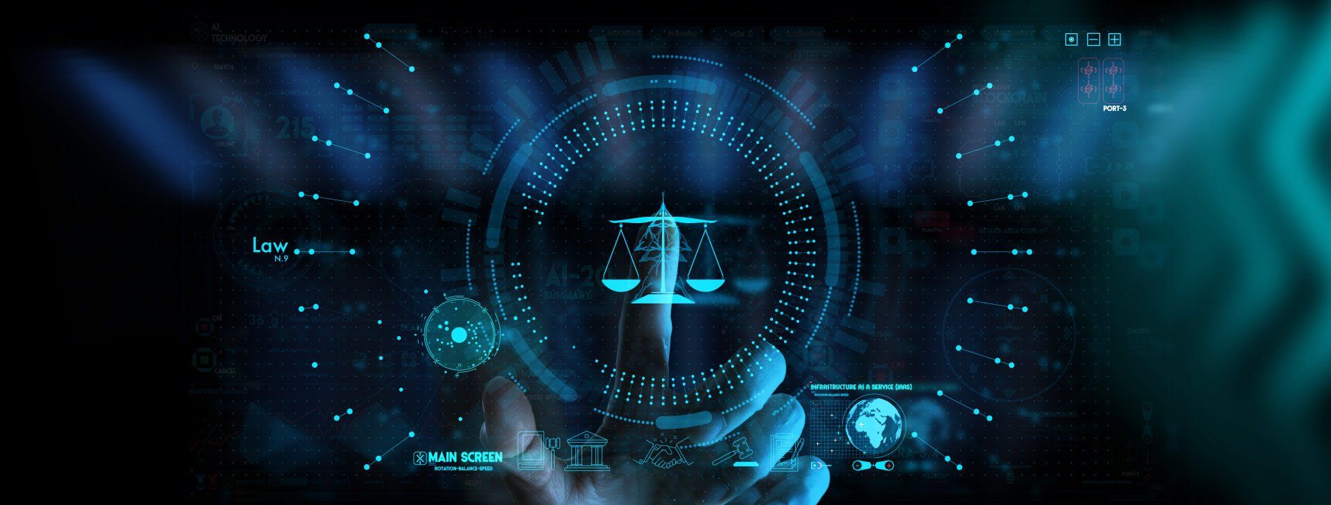 Interface de IA futurista azul com um rosto digital brilhante e pontos de dados flutuantes em um fundo escuro.