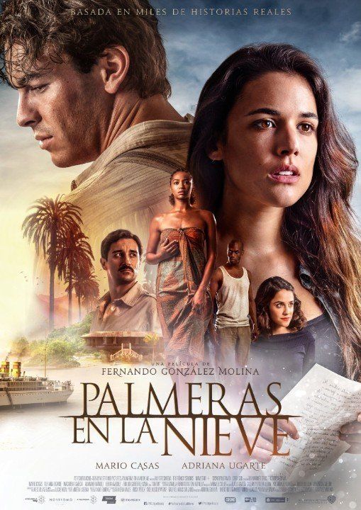 Un cartel de la película Palmeras en la nieve muestra a un hombre y una mujer de pie uno al lado del otro.