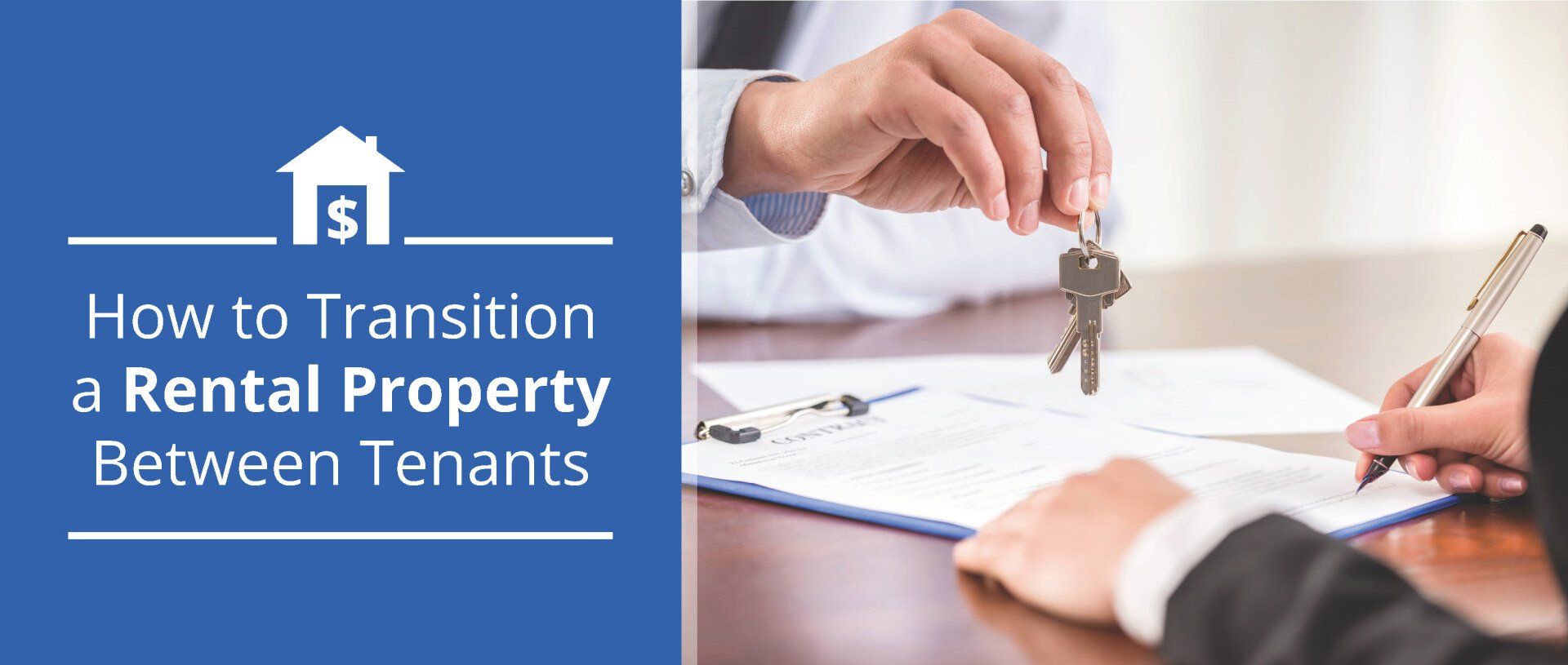 One person is signing a contract while the other hands them a set of keys