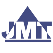 A blue and white jmn logo on a white background