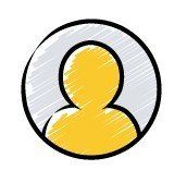 Yellow person silhouette inside a circle with a grey and black border.