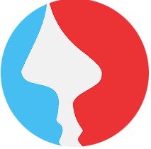 ein rot-blauer Kreis mit einem Gesicht darin