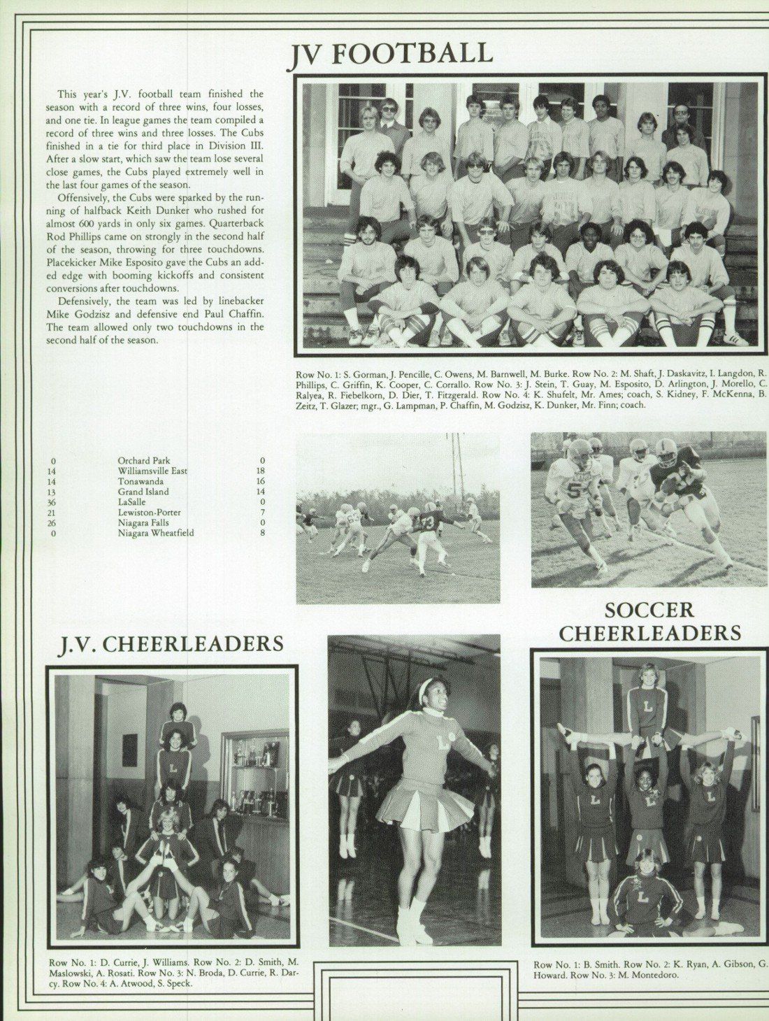 A black and white photo of a football team and cheerleaders