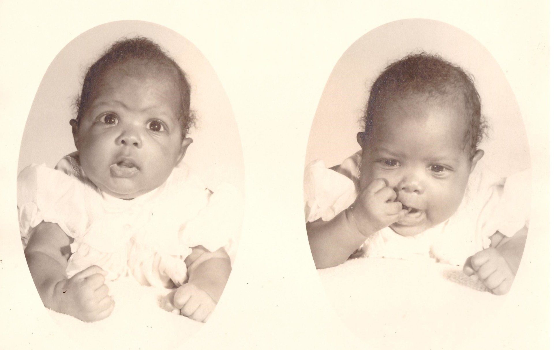 Two black and white photos of a baby in a white dress.