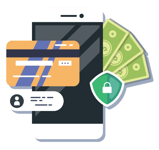 A cell phone with a credit card , money , and a shield.