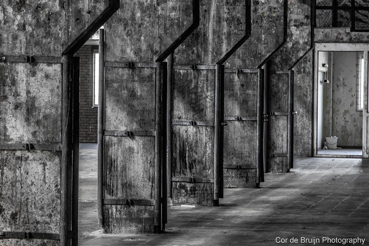 Black and white view of dilapidated doorways in a weathered, old building, with sunlight streaming through them.