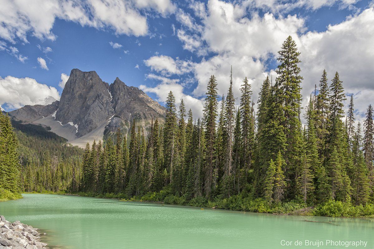 Emerald lake surrounded by evergreen trees, with a gray mountain range under a cloudy blue sky.