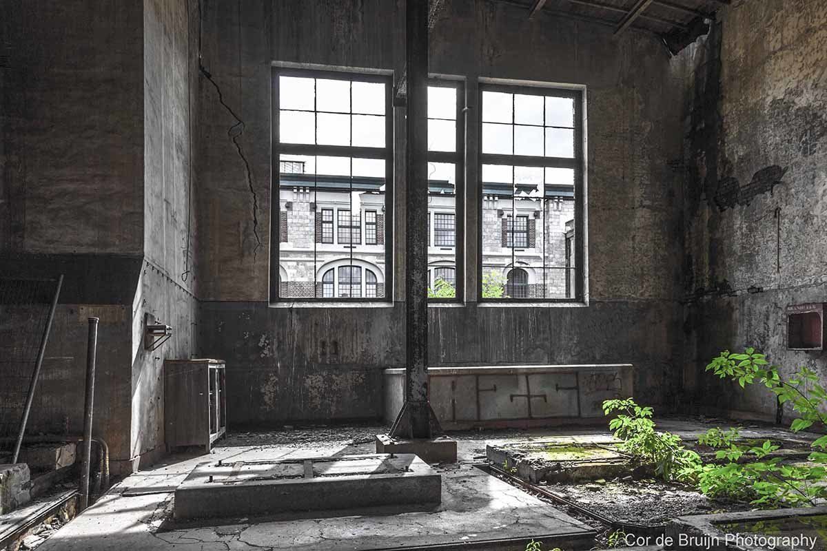 Interior of an abandoned building with a window view of another building, green plants, and concrete.