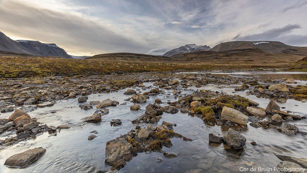 Rocky terrain with shallow water and distant mountains under a cloudy sky.