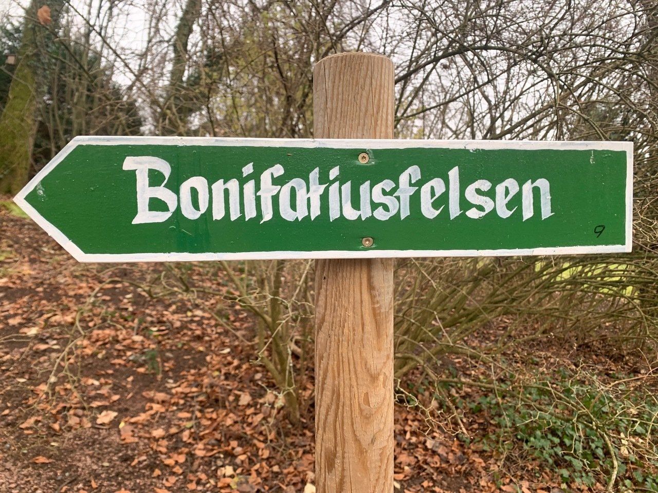 Grüner Wegweiser nach links mit der Aufschrift „Bonifatiusfelsen“ in weißer Schrift auf einem Holzpfosten in einem Waldstück.