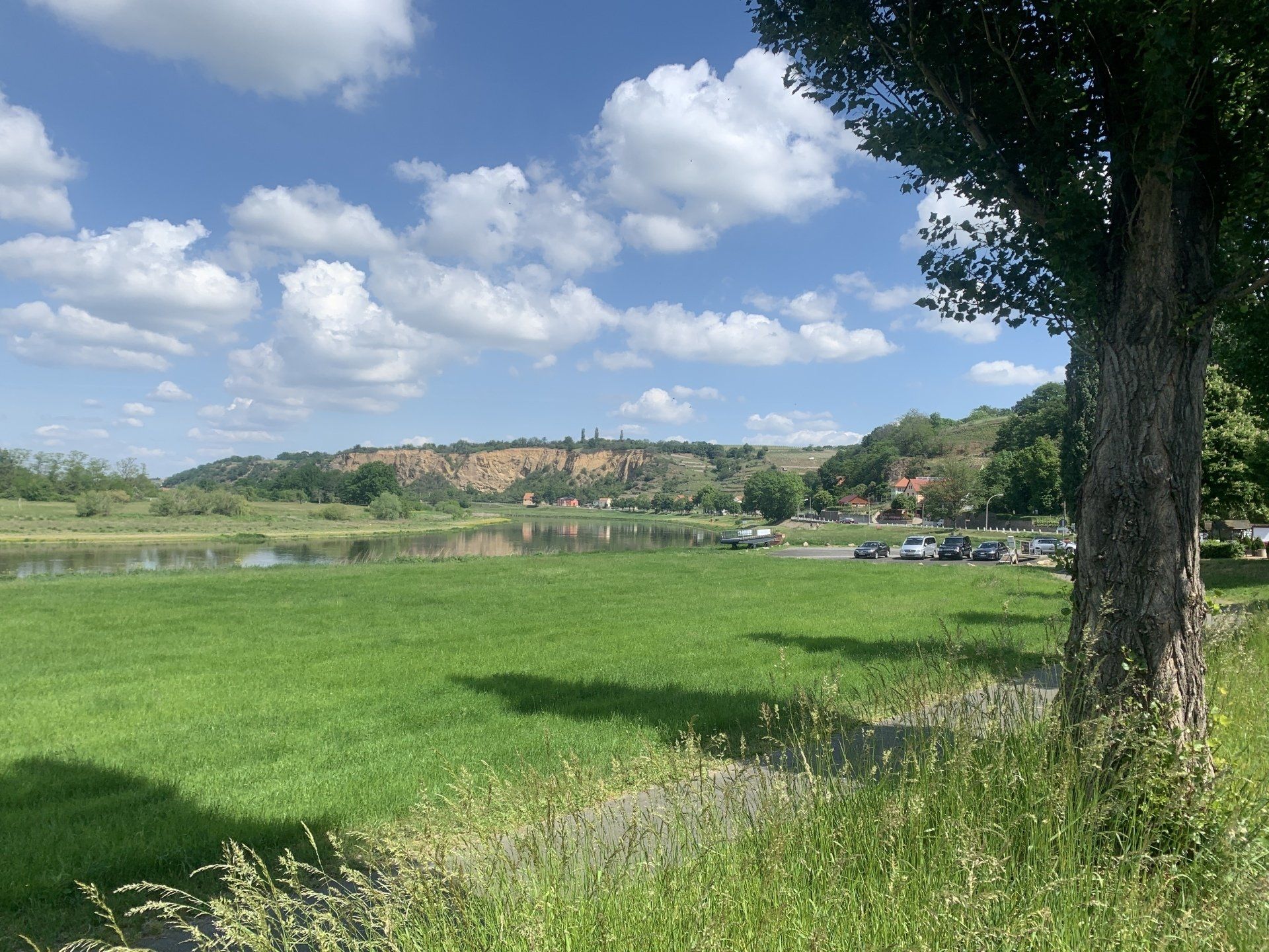 Ein Grasfeld neben einem Fluss führt unter einem teilweise bewölkten Himmel zu einem entfernten Bergrücken.