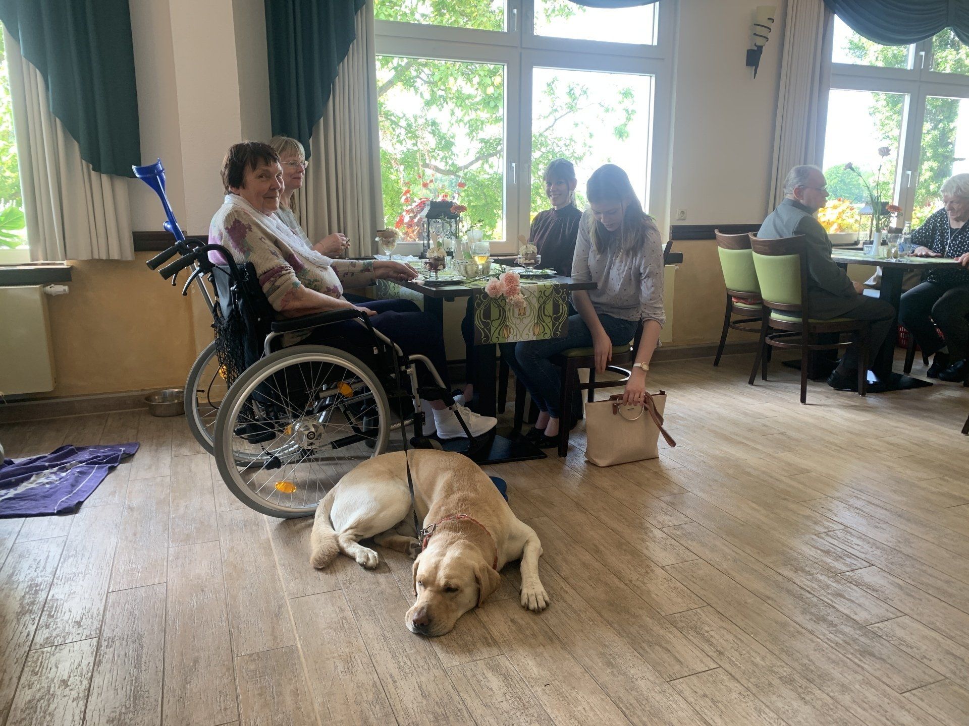 Menschen an einem Tisch, einer im Rollstuhl, ein Hund liegt auf dem Boden. Esszimmer mit großen Fenstern.