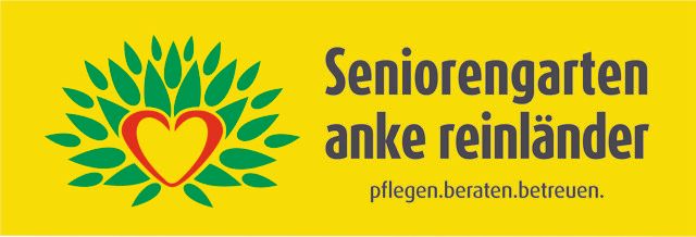 Logo mit einem rot-gelben Herz, umgeben von grünen Blättern, Text „Seniorengarten anke reinländer“ und Slogan auf Gelb.