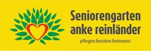 Logo mit einem rot-gelben Herz, umgeben von grünen Blättern, Text „Seniorengarten anke reinländer“ und Slogan auf Gelb.