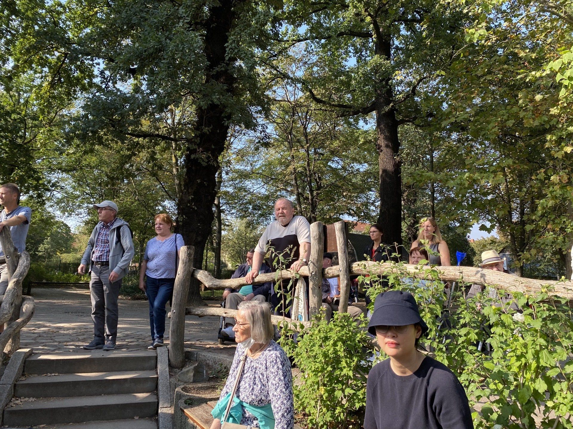 Menschen stehen auf Stufen und in der Nähe eines Holzzauns in einer parkähnlichen Umgebung mit Bäumen und Grün.