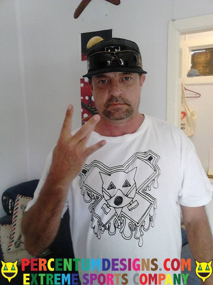 A satisfied Percentum Designs customer sporting a gasmask tshirt