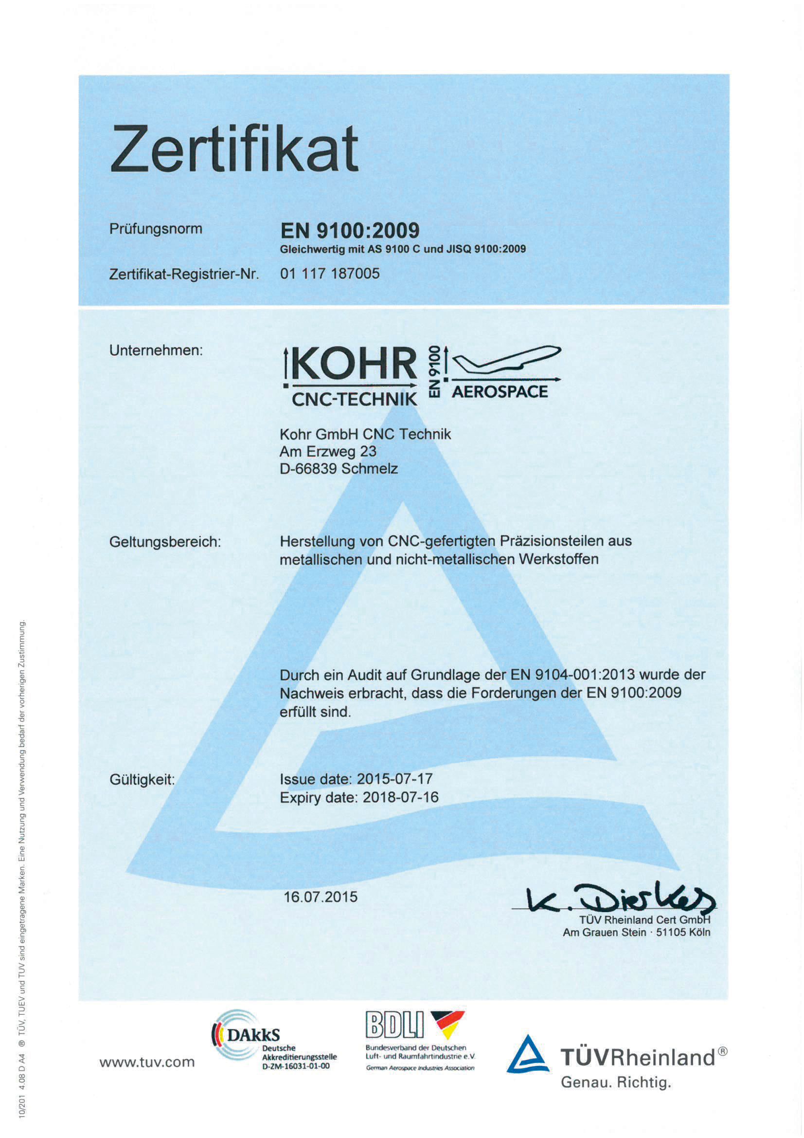 Zertifikat mit blauen und weißen Akzenten, das Text und ein Logo enthält, wahrscheinlich zur Qualitätssicherung.