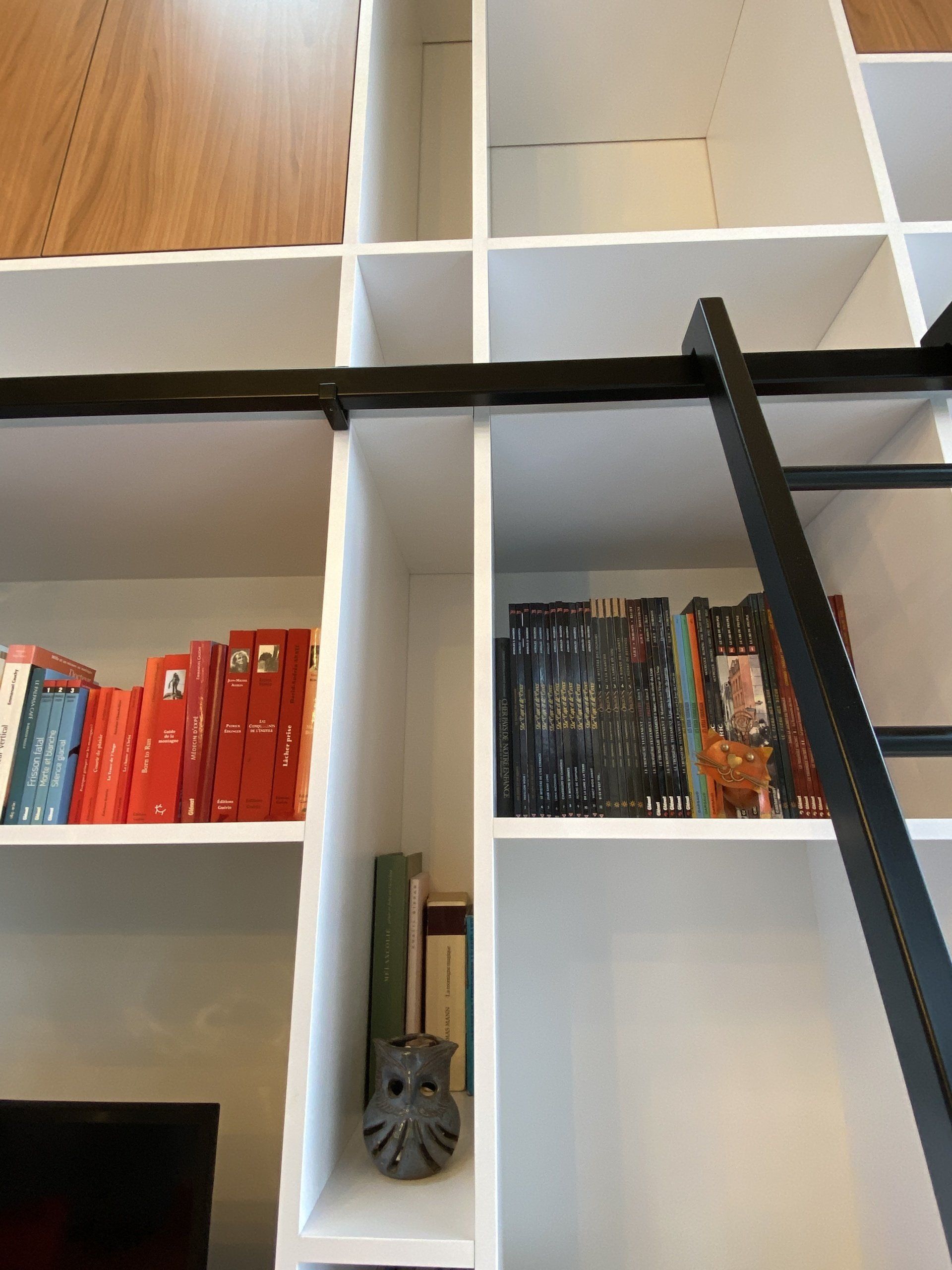 Des étagères blanches à casiers, remplies de livres et d'objets de décoration, sont traversées au milieu par une barre noire.