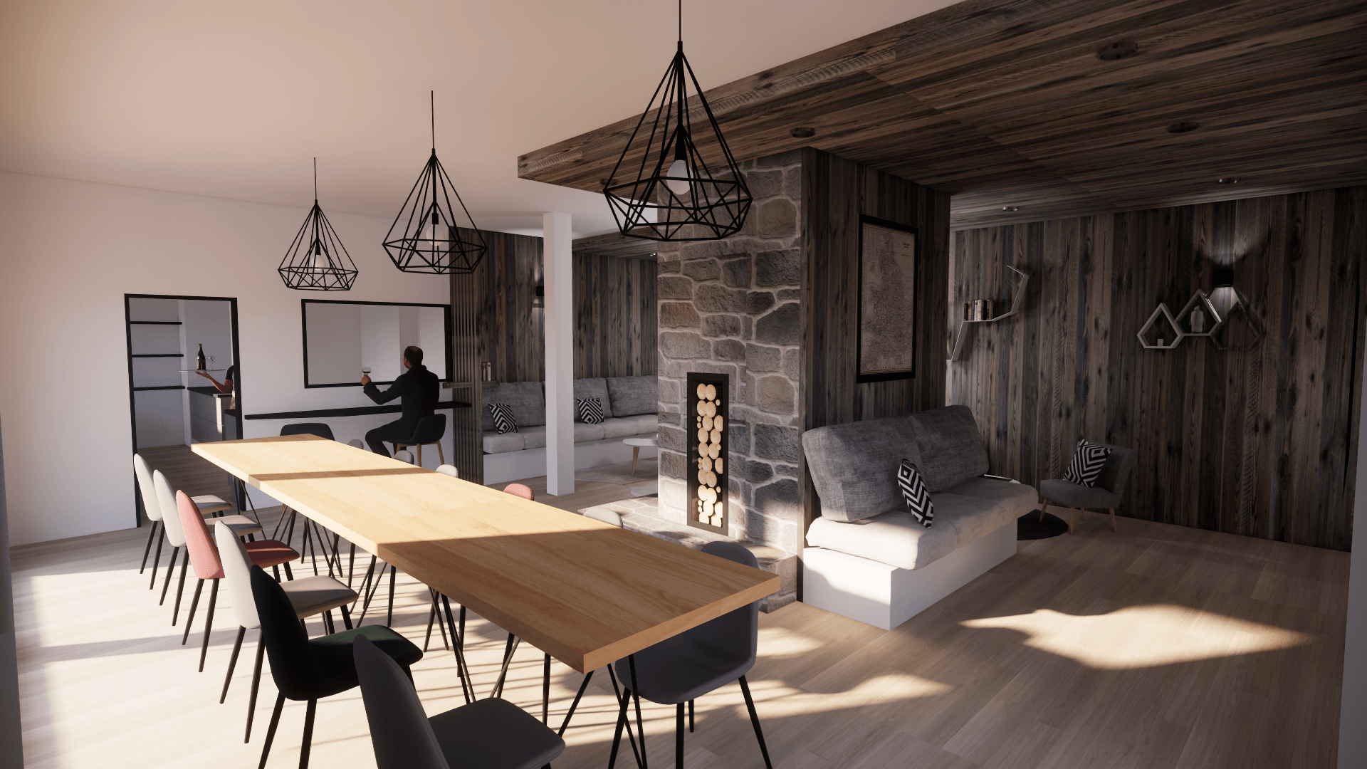 Pièce à vivre moderne et ouverte, comprenant salon et salle à manger, avec murs en bois, grande table, chaises noires 