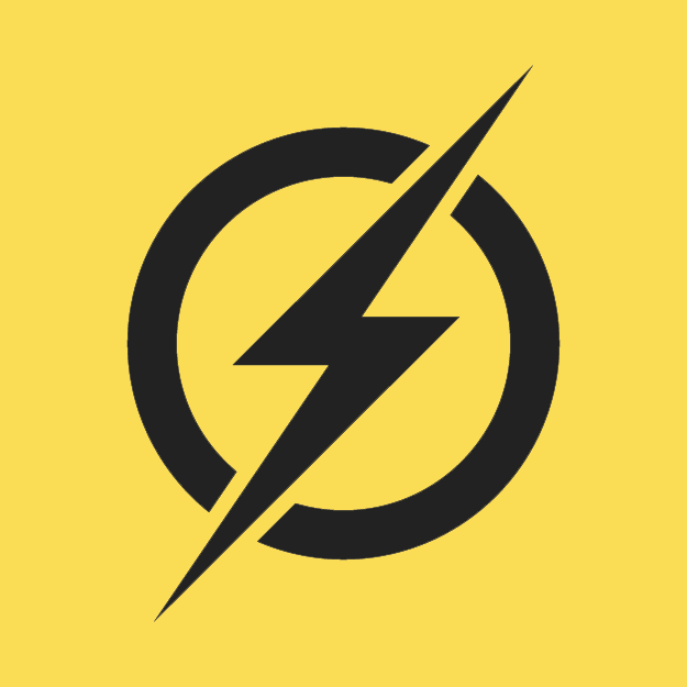 Black lightning bolt through a black circle on a yellow background.