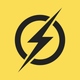 Black lightning bolt through a black circle on a yellow background.