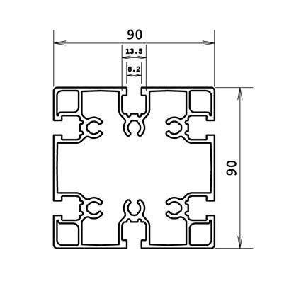Technische tekening van aluminium systeemprofiel 90x90 6G