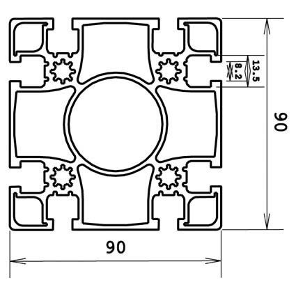 Aluminium systeemprofiel 90x90 8G technische tekening