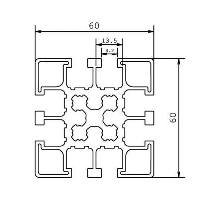 Aluminium systeem profiel 60x60 8G Technische tekening