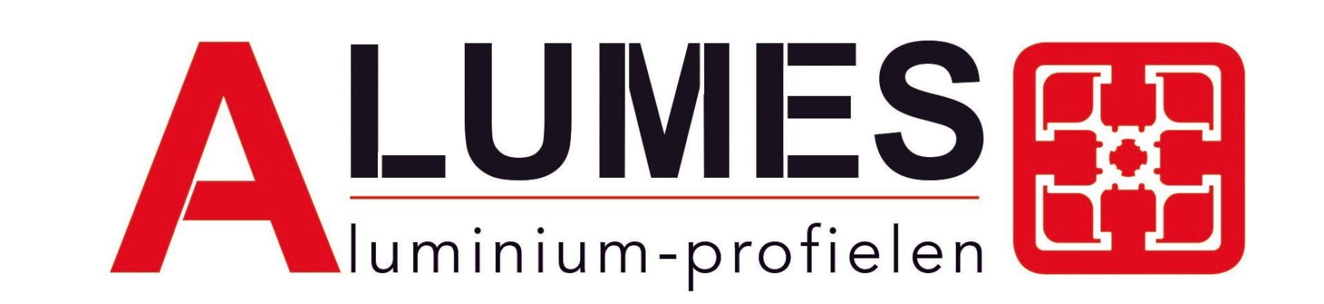 Het logo van Alumes waarbij het uiteinde van een aluminiumprofiel in het rood weergegeven wordt.
