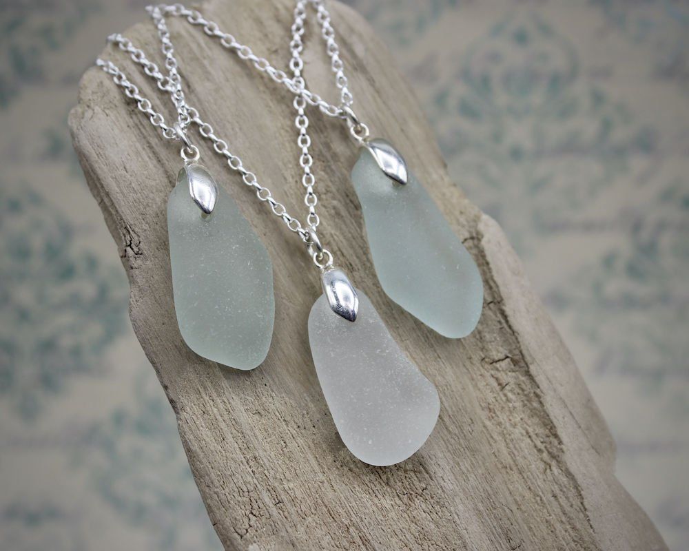 Large Sea Glass Droplet & Sterling Silver Pendant Necklace