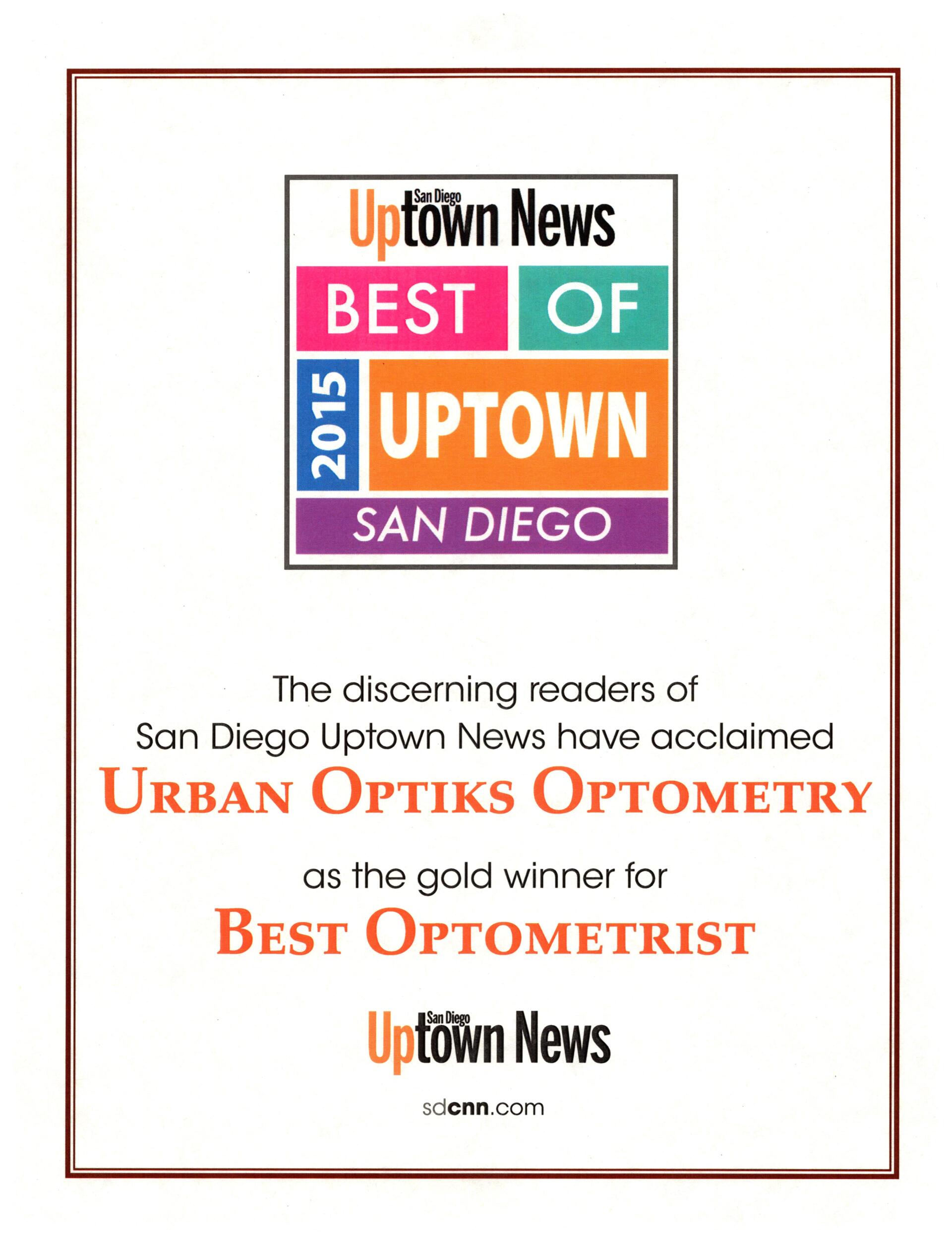 2015 Best of Uptown News Award for Best Optometrist