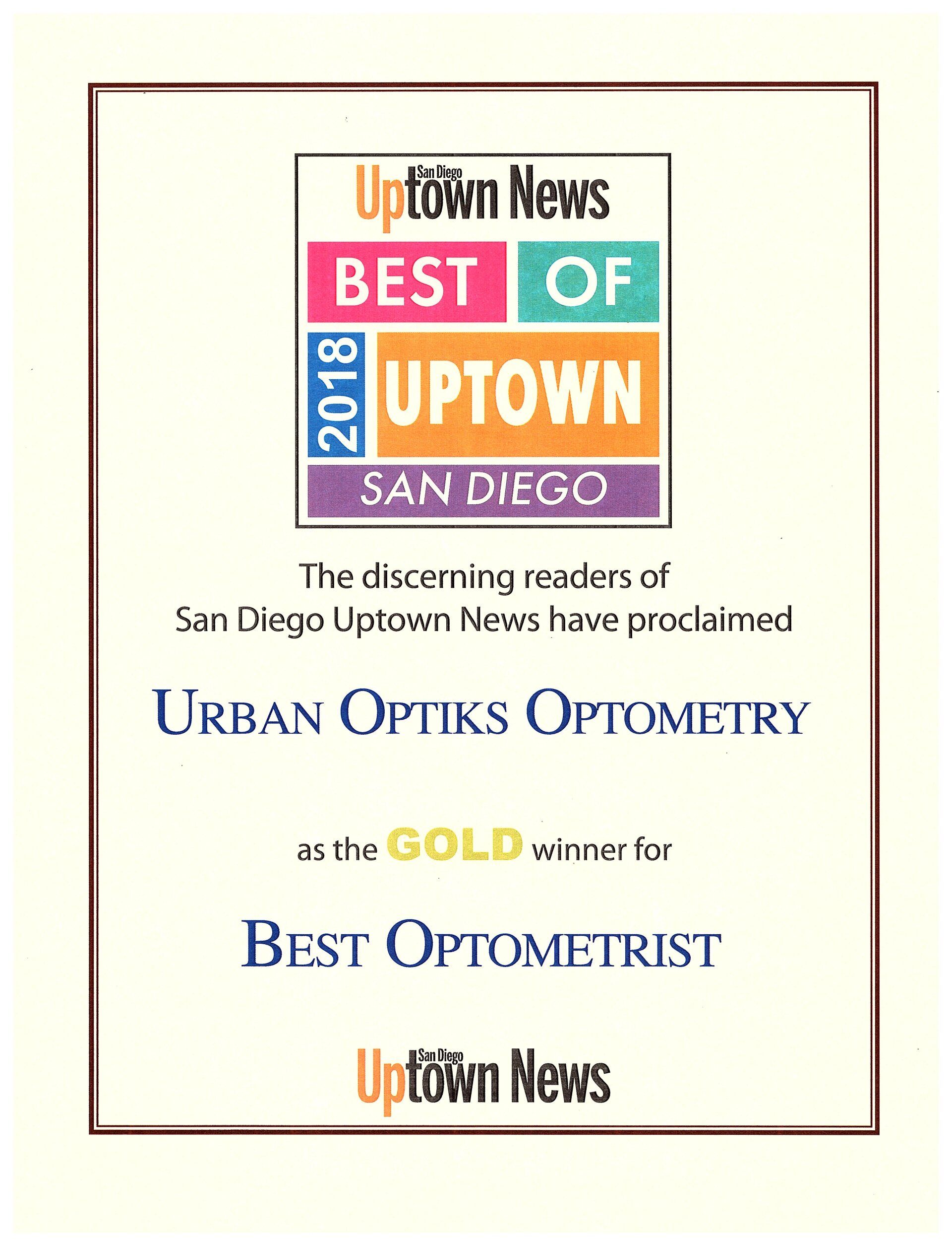 2018 Best of Uptown News Award for Best Optometrist