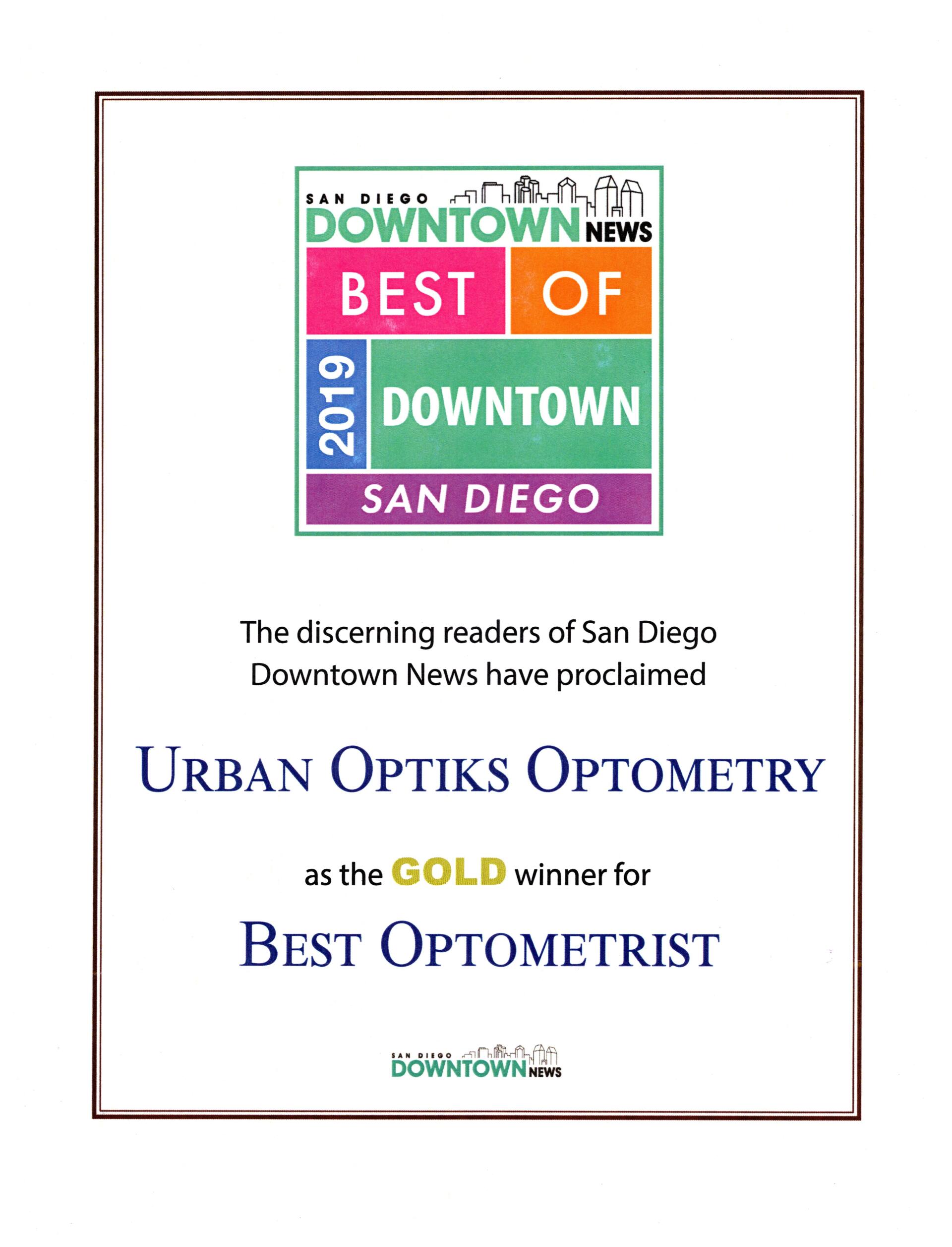 2019 Best of Uptown and Downtown News Award for Best Optometrist
