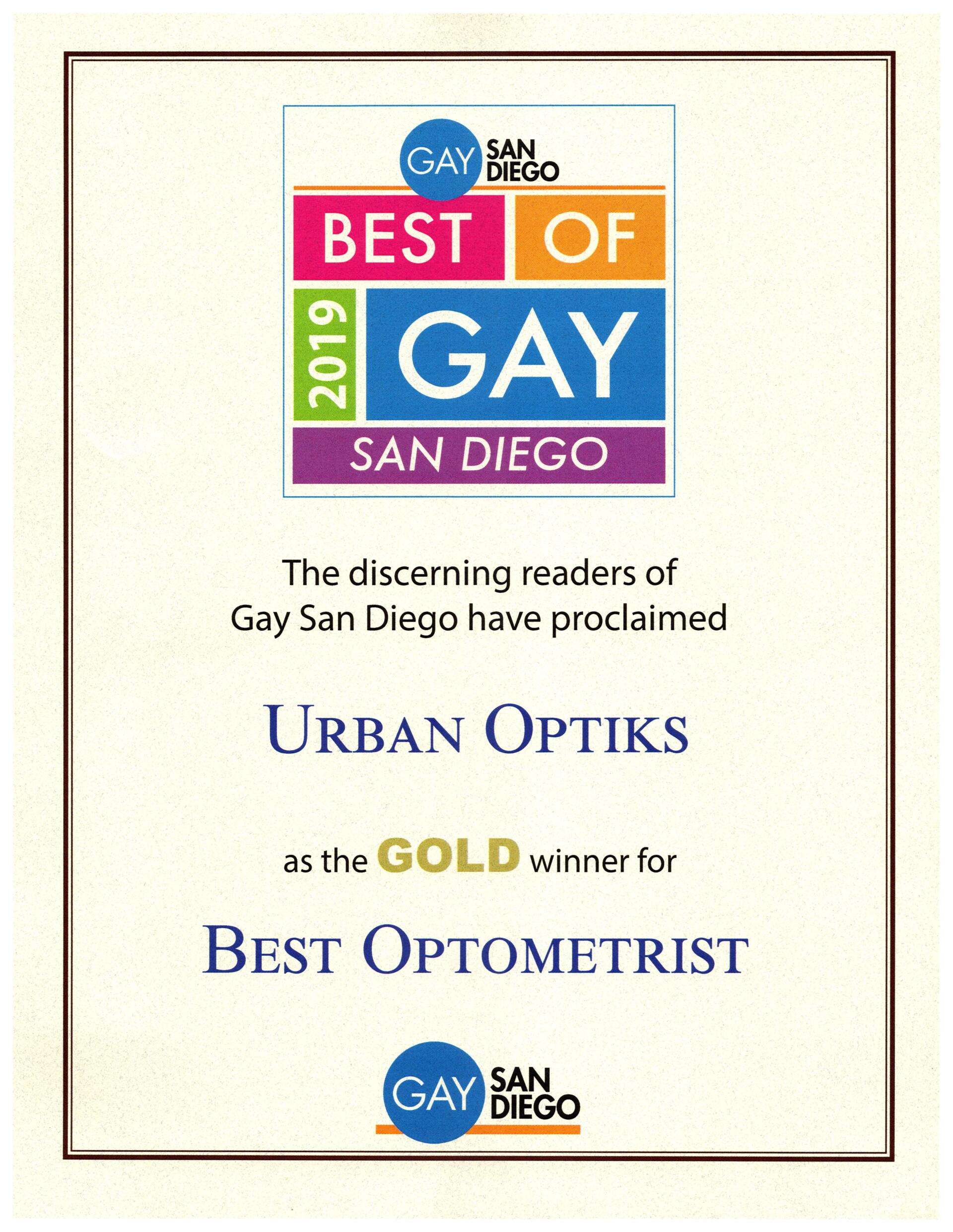 2019 Best of Gay San Diego Award for Best Optometrist