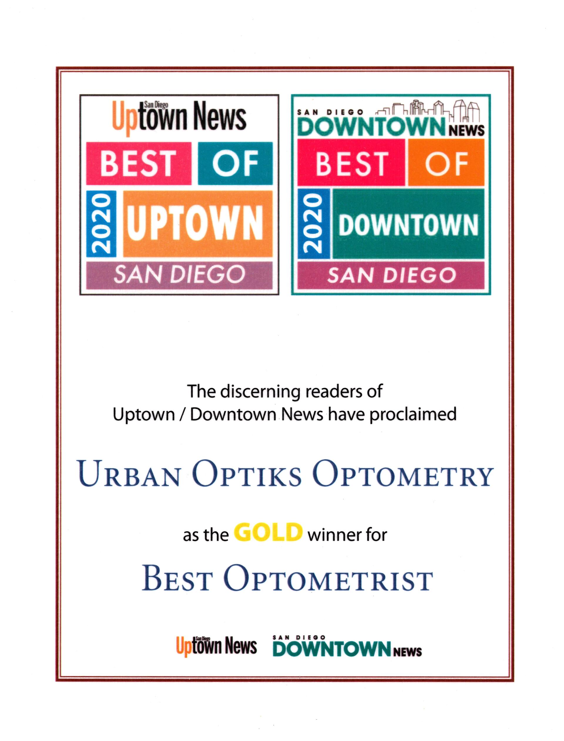 2020 Best of Uptown and Downtown News Award for Best Optometrist