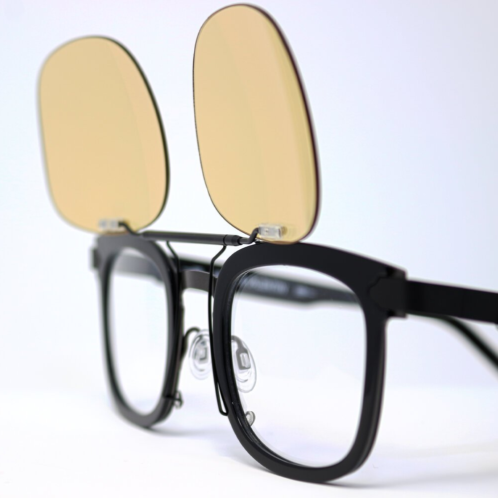 Black glasses with eClips Flip mirror clip-on attached and up