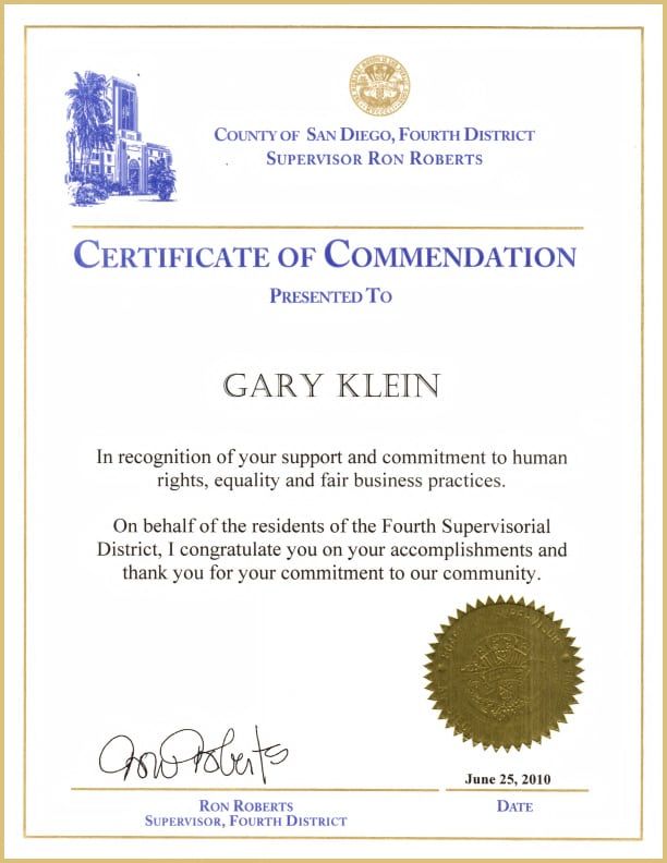 Human Right & Equality Award award from County Supervisor Ron Roberts