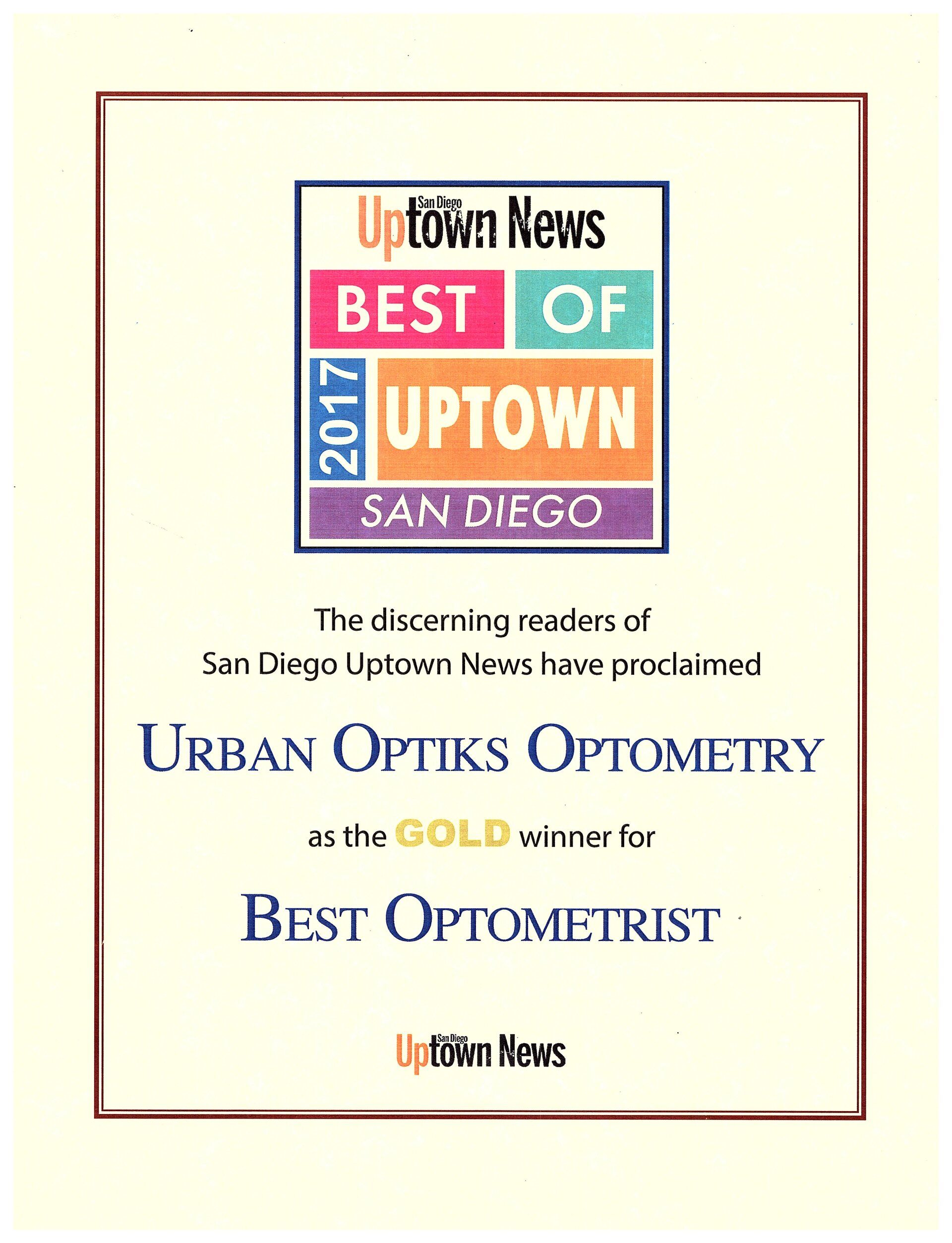 2017 Best of Uptown News Award for Best Optometrist
