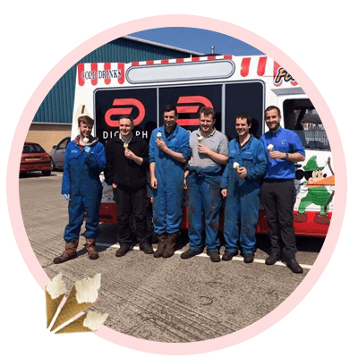 bunch of men enjoying ice cream