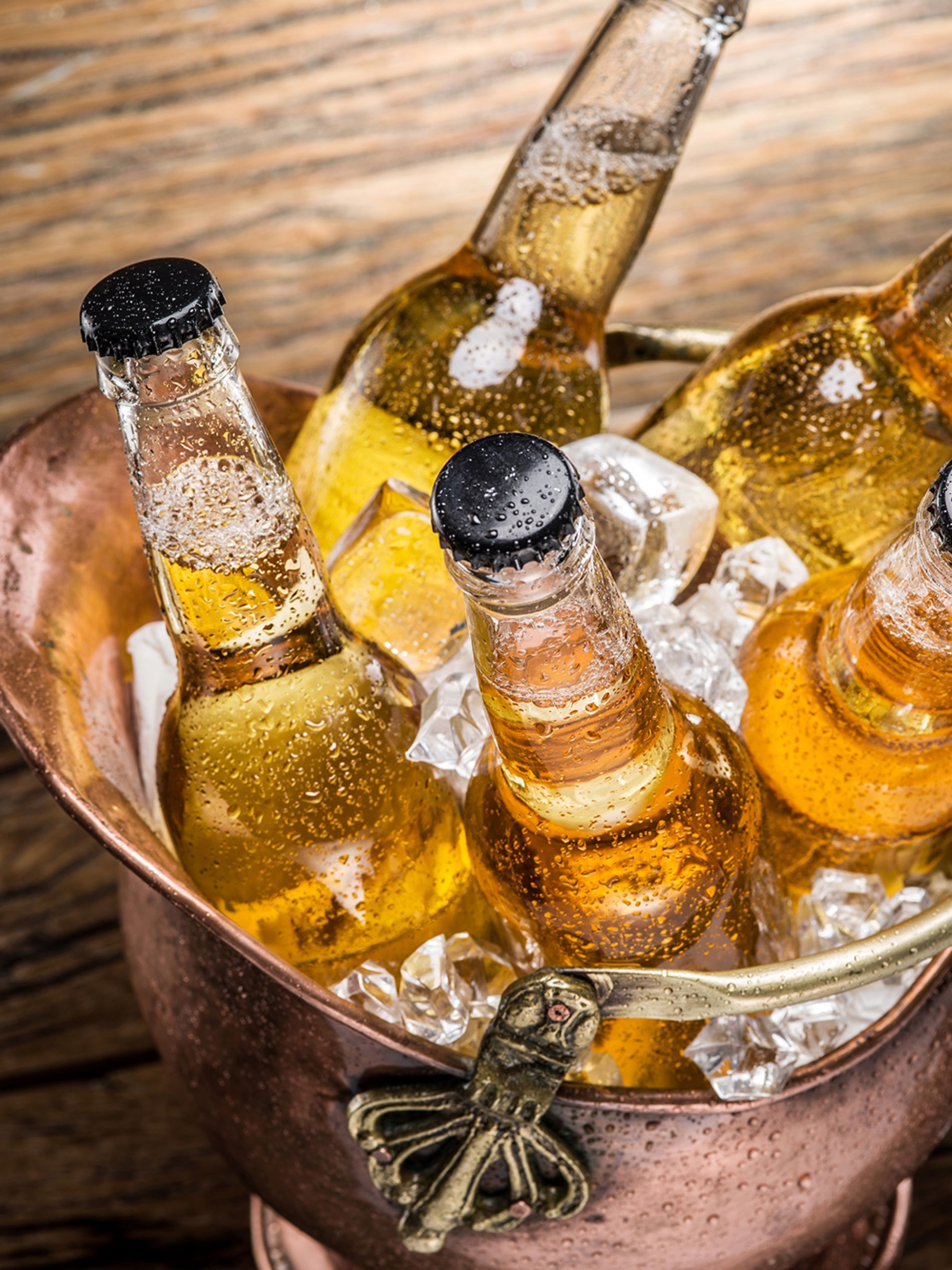 birre in bottiglia dentro secchiello con ghiaccio