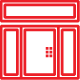 Red outline of a storefront with a door and windows, and a rectangular sign above.